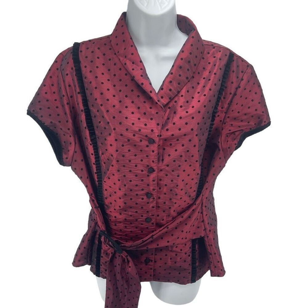 Signature by Larry Levine Womens Blouse Top Button Up Polka Dots Red Size XL sli